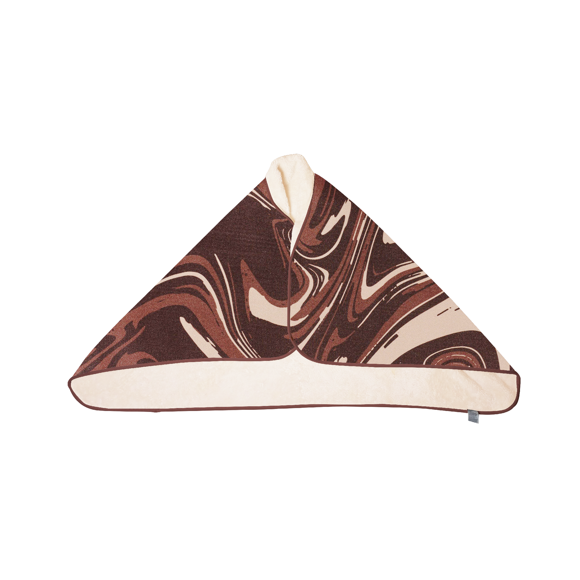 A luxurious chocolate brown swirl print fleece cape blanket with ultra-soft plush lining, designed for warmth and comfort.