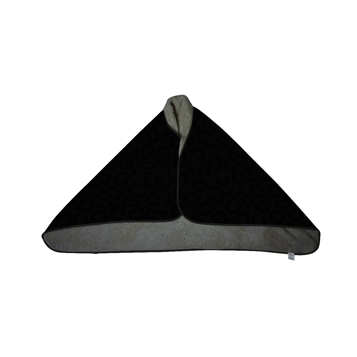 Black luxury fleece cape blanket with soft interior lining, button closure, and subtle leopard print. Perfect for cozy lounging or as a stylish Batman cape-inspired wearable blanket.